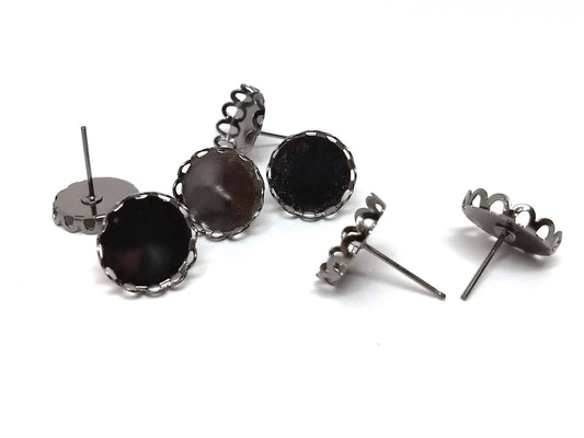 E150B - 50 pcs. (25 pairs) Gunmetal Earring Posts Settings Bezels Cabochons Tacks- 12mm Glue Pad Setting - Crown Design