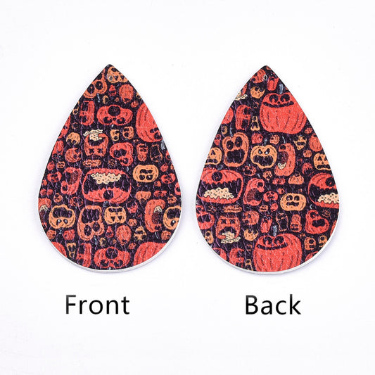P158 - 10 pcs. Orange Faux Leather Dangle Charms Pendants - Teardrop - Halloween - 56mm (2.2") - Great for Earrings or Dangles! Double-Sided - B