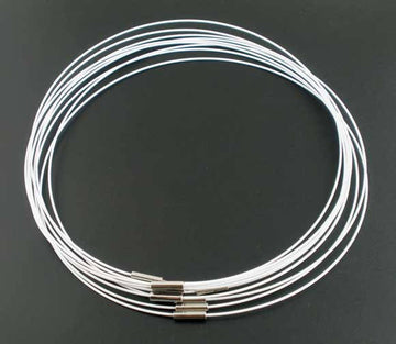 N094 - 10 pcs. Steel Memory Wire Choker Coated Necklaces with Silver Magnetic Clasp - 18 1/8 inch - 1mm - THICK - White - HIGH QUALITY - 46cm