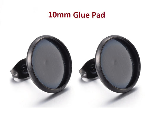 E035 - 10 pcs. 304 Stainless Steel Gunmetal Black Earring Posts Studs Settings Bezels Cabochons Tacks - 10mm Glue Pad Setting