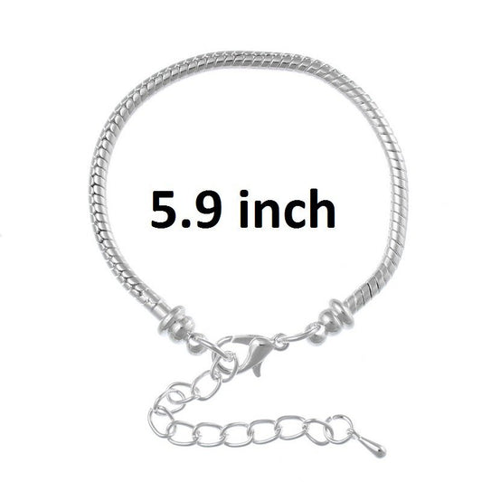 B045A - 1 pc. Silver Plated European Snake Chain Bracelets with Chain Extender - Lobster Claw Clasp - 15cm (5 7/8") - 3mm Thick - Small Wrists