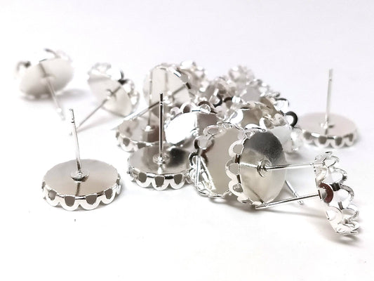 10 pcs. (5 pairs) Silver Plated Earring Posts Settings Bezels Cabochons Tacks Studs - 12mm Glue Pad Setting - Crown Design