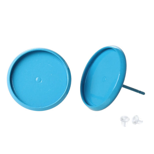 E066A - 20 pcs. Light Blue Earring Posts Studs Settings Bezels Cabochons Tacks- 14mm Glue Pad Setting