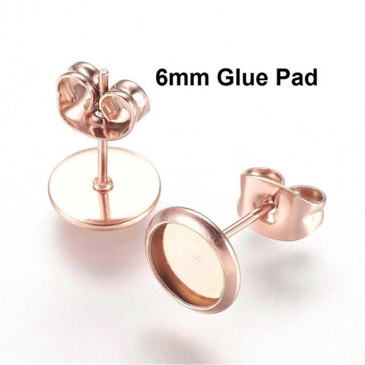 E286 - 10 pcs. Stainless Steel Rose Gold Plated Earring Posts Settings Bezels Cabochons Tacks- 6mm Glue Pad Setting - with Stoppers!
