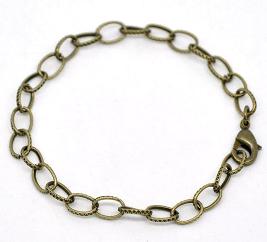 B055 - 12 pcs. Antique Bronze Chain Link Textured Bracelets with Lobster Clasps - 7 7/8 in (20 cm) - Claw Clasps!