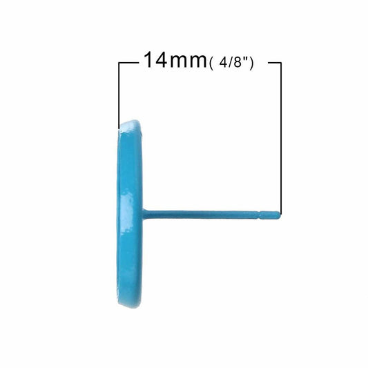 E066A - 20 pcs. Light Blue Earring Posts Studs Settings Bezels Cabochons Tacks- 14mm Glue Pad Setting
