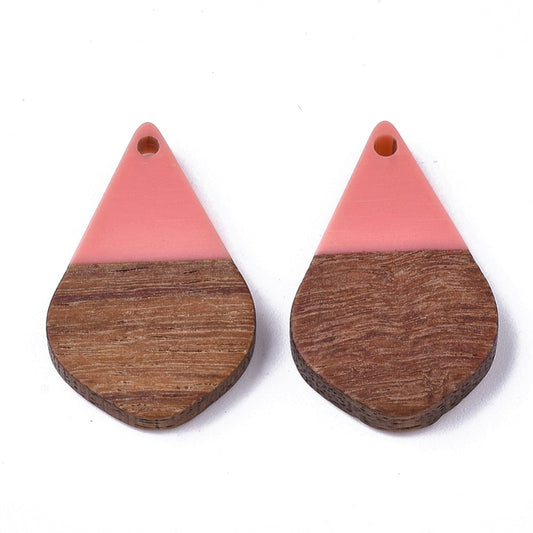 P2035 - 4 pcs. Dark Coral Resin and Wood Teardrop Flat Pendant - 28mm x 18mm - (1.1" x 0.71") - SMALL - Great for Earrings and Necklaces!