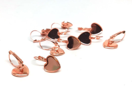 E080 - 10 pcs. Rose Gold Plated Earring Clips Settings Lever Back Bezels Cabochons - 12mm Glue Pad Setting - Heart Shape Bezels