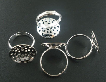 RB005 - 10 Silver Plated ADJUSTABLE RING BASES - Glue Pad 18mm - 17.5mm (Ring Size 7)