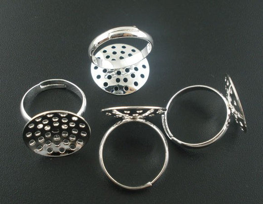 RB005 - 10 Silver Plated ADJUSTABLE RING BASES - Glue Pad 18mm - 17.5mm (Ring Size 7)