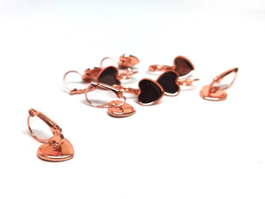 E080 - 10 pcs. Rose Gold Plated Earring Clips Settings Lever Back Bezels Cabochons - 12mm Glue Pad Setting - Heart Shape Bezels