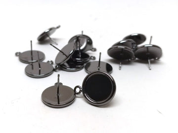 E116 - 10 pcs. Gunmetal Earring Posts Studs Settings Bezels Cabochons Tacks with Loop - 12mm Glue Pad Setting