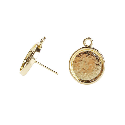 E153 - 10 pcs. Gold Plated Earring Posts Studs Settings Bezels with Loop Cabochons Tacks- 13mm Glue Pad Setting