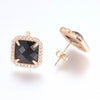 E955 - 2 pcs. Gold Brass Square Earring Posts with Loop - Black Faceted Cubic Zirconia (CZ) - 17mm - Hole: 0.5mm