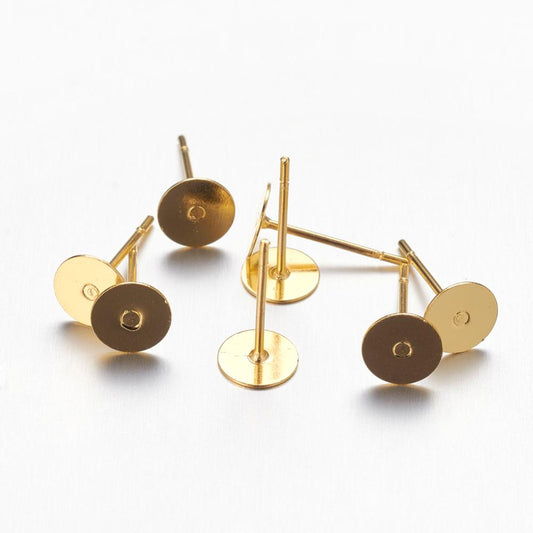 E010 - 100 pieces (50 pairs) Brass Tray and 304 Stainless Steel Pin - Golden Earring Posts/Bases/Studs/Settings with Rubber Backs - 12mm x 6mm