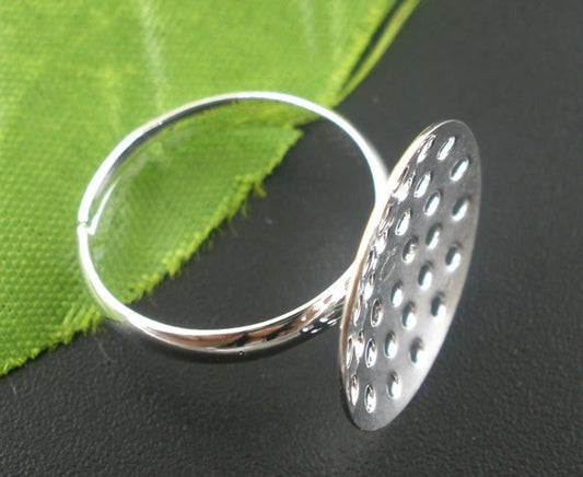 RB005 - 10 Silver Plated ADJUSTABLE RING BASES - Glue Pad 18mm - 17.5mm (Ring Size 7)