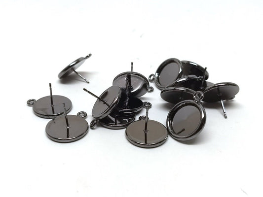 E116 - 10 pcs. Gunmetal Earring Posts Studs Settings Bezels Cabochons Tacks with Loop - 12mm Glue Pad Setting