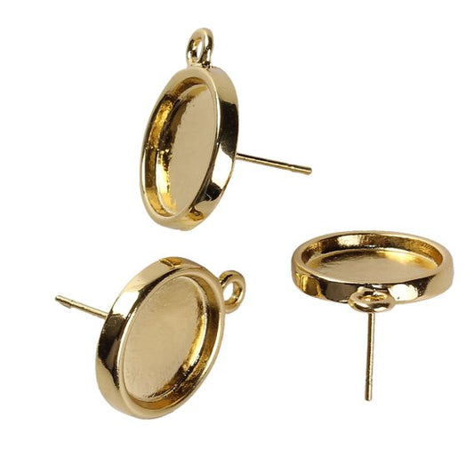 E153 - 10 pcs. Gold Plated Earring Posts Studs Settings Bezels with Loop Cabochons Tacks- 13mm Glue Pad Setting