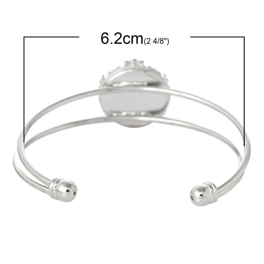 B056 - 3 pcs. Silver Tone Open Cuff Bangle Adjustable Bezel Cabochon Bracelets - 16.5cm (6 1/2") - 20mm Glue Pad - Made of Copper!