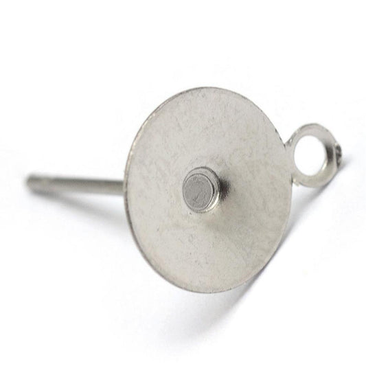 E740 - 50 pcs (25 pairs) 304 Stainless Steel Earring Posts/Bases/Studs/Settings with loop - 10mm Glue Pad - 13mm with Loop - Includes Rubber Backs