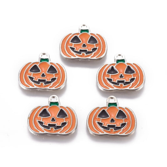 P314 - 10 pcs. Silver Tone Halloween Pumpkin Jack O Lantern Enamel Charms - 21mm - Hole Size: 2mm