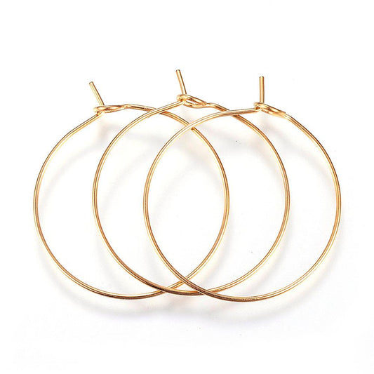 W033 - 10 pcs. 316L Stainless Steel Gold Plated Wine Charm / Earwire Hoop Rings - 35mm - 21 Gauge (0.7mm Thick) - Tarnish Resistant! Style A