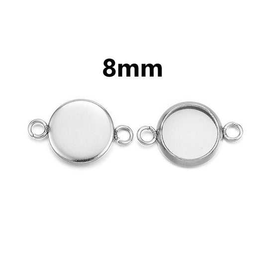 P286 - 10 pcs. 304 Stainless Steel Silver Tone Circle Round Bezel Cabochon Cameo Connector Tags Trays - 8mm Glue Pad - Tarnish Resistant