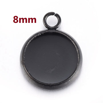 P288 - 10 pcs. 304 Stainless Steel Gunmetal Plated Circle Round Bezel Cabochon Pendant Tags Trays - 8mm Glue Pad - Single Loop - Tarnish Resistant!