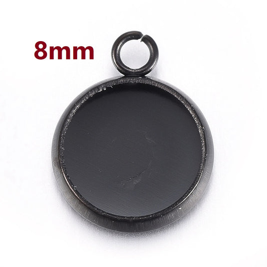 P288 - 10 pcs. 304 Stainless Steel Gunmetal Plated Circle Round Bezel Cabochon Pendant Tags Trays - 8mm Glue Pad - Single Loop - Tarnish Resistant!
