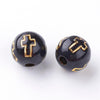 BD210 - 100 pcs Black Acrylic Round Spacer Beads - 8mm (5/16") - Gold Plated Cross Design - Hole Size: 2mm