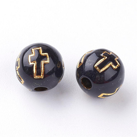 BD210 - 100 pcs Black Acrylic Round Spacer Beads - 8mm (5/16") - Gold Plated Cross Design - Hole Size: 2mm