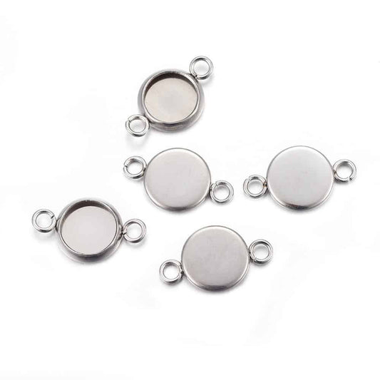 MP0045 - 10 pcs. 304 Stainless Steel Silver Tone Circle Round Bezel Cabochon Cameo Connector Tags Trays - 6mm Glue Pad - Tarnish Resistant