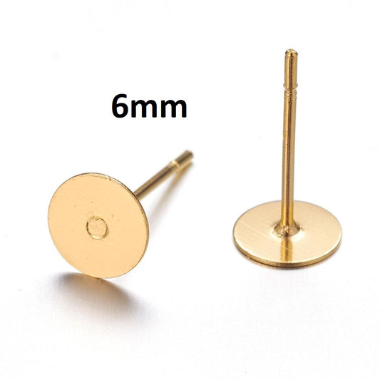 E010 - 100 pieces (50 pairs) Brass Tray and 304 Stainless Steel Pin - Golden Earring Posts/Bases/Studs/Settings with Rubber Backs - 12mm x 6mm