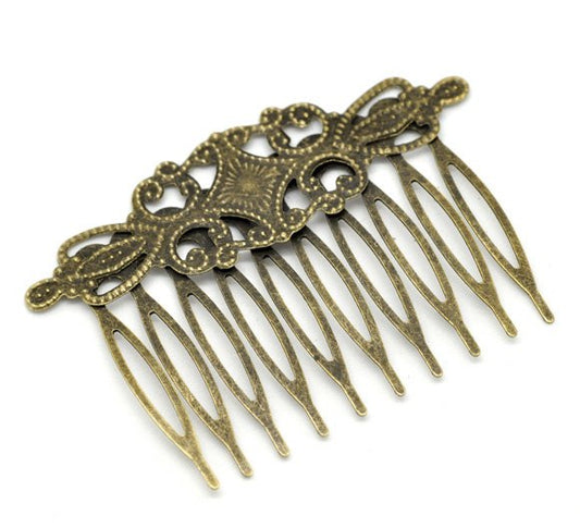 H016 - 10 pcs. - Antique Bronze Flower Hair Clips Combs - 46mm x 65mm (1.8" x 2.6") - LARGE