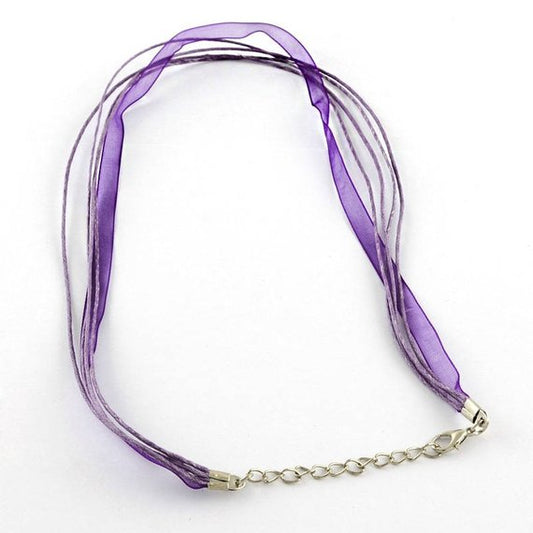 N025 - 15 pcs. Purple Eggplant Organza Ribbon Waxen Cord Necklaces- 17.3 inch (43 cm)