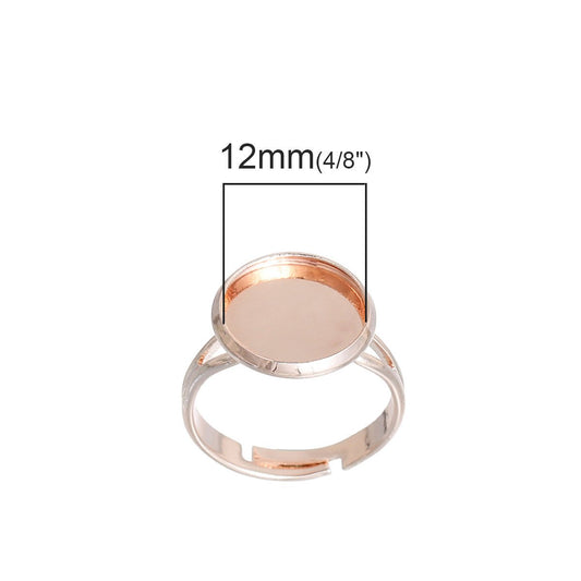 5 pcs. Rose Gold Plated ADJUSTABLE Cabochon Setting Bezel RING bases settings - Ring Size 6 US - Glue Pad 12mm - Made of Copper!