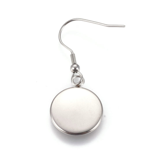 E278 - 10 pcs. 304 Stainless Steel Silver Tone Earring Dangle Hooks Settings Bezels Cabochons - 14mm Glue Pad Setting