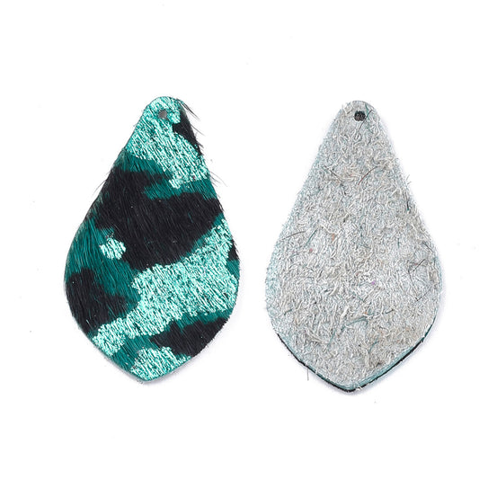 P552 - 6 pcs. Teal and Black REAL Leather Cowhide Dangle Pendants - Camouflage - Teardrop - 38mm (1.5") - Great for Earrings or Dangles!