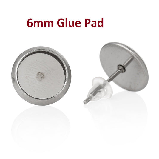 E147A - 30 pcs. 304 Stainless Steel Earring Posts Studs Settings Bezels Cabochons Tacks - 6mm Glue Pad Setting - Silver Tone