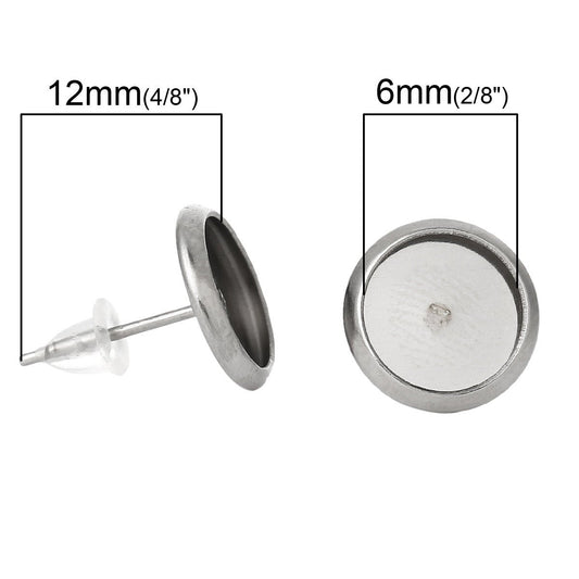 E147A - 30 pcs. 304 Stainless Steel Earring Posts Studs Settings Bezels Cabochons Tacks - 6mm Glue Pad Setting - Silver Tone