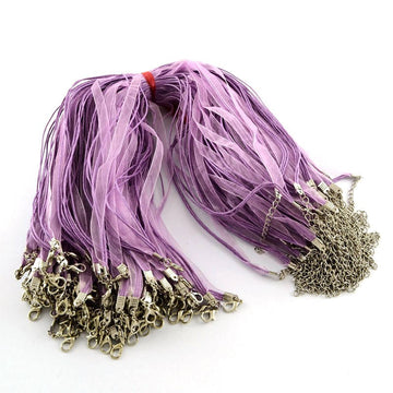 N026 - 15 pcs. Purple Violet Lavender Organza Ribbon Waxen Cord Necklaces- 17 inch (43 cm)