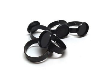RB007 - 5 pcs. Black ADJUSTABLE Cabochon Setting Bezel RING bases settings - Ring Size 6 US - Glue Pad 12mm - Made of Brass