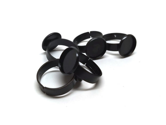 RB007 - 5 pcs. Black ADJUSTABLE Cabochon Setting Bezel RING bases settings - Ring Size 6 US - Glue Pad 12mm - Made of Brass