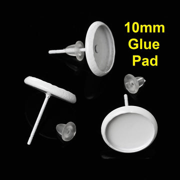 E154 - 50 pcs. White Earring Posts Studs Settings Bezels Cabochons Tacks- 10mm Glue Pad Setting
