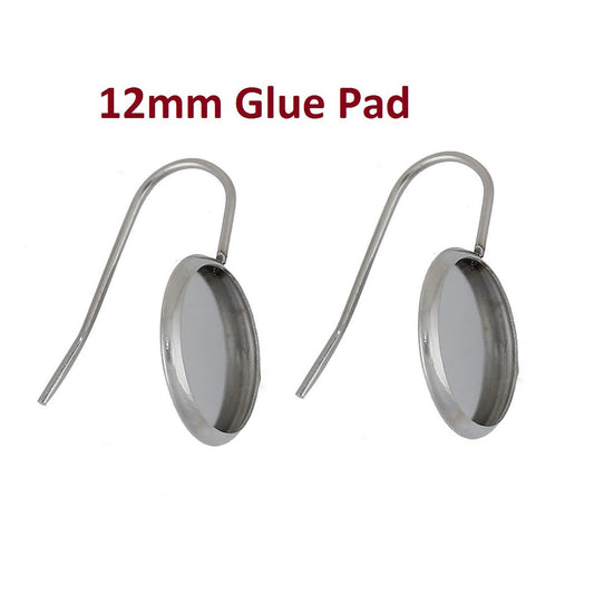 E257 - 10 pcs. 304 Stainless Steel Earring Hooks Settings Bezels Cabochons - 12mm Glue Pad Setting - Hypoallergenic!