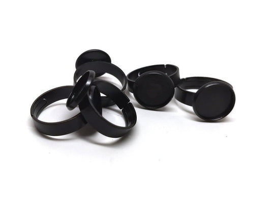 RB007 - 5 pcs. Black ADJUSTABLE Cabochon Setting Bezel RING bases settings - Ring Size 6 US - Glue Pad 12mm - Made of Brass