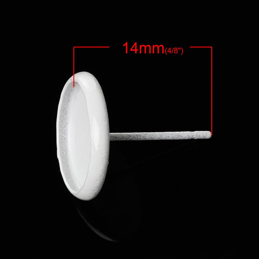 E154 - 50 pcs. White Earring Posts Studs Settings Bezels Cabochons Tacks- 10mm Glue Pad Setting