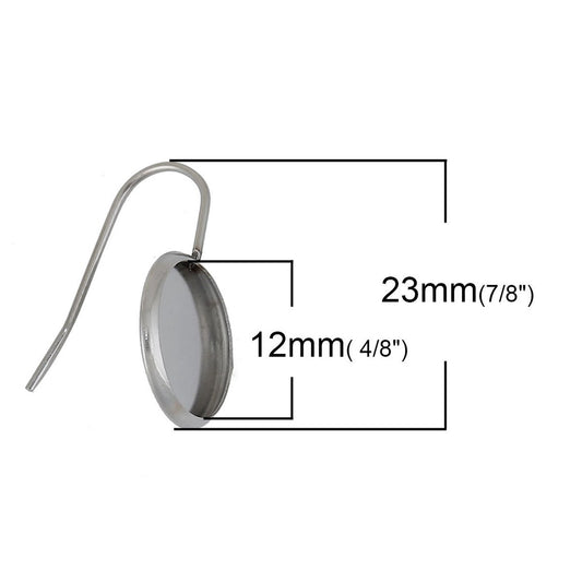 E257 - 10 pcs. 304 Stainless Steel Earring Hooks Settings Bezels Cabochons - 12mm Glue Pad Setting - Hypoallergenic!