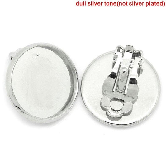 E258 - 20 pcs. Silver Tone Earring Clips Settings Hinged Bezels Cabochons - 16mm Glue Pad Setting - Made of Copper!