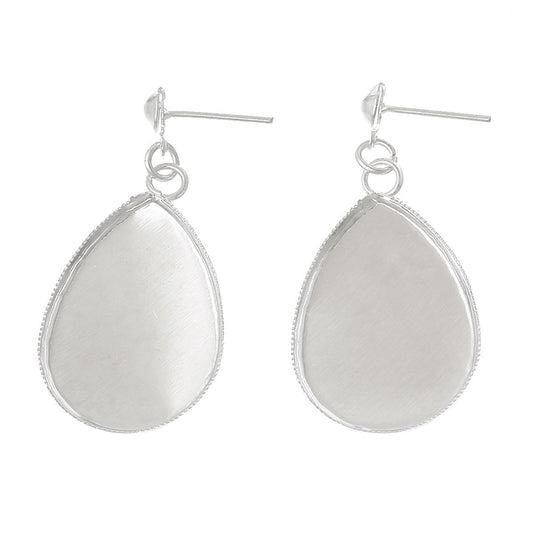 E291A - 10 pcs. Silver Plated Earring Dangle Tacks Posts Settings Bezels Cabochons - Teardrop - 25mm x 18mm Glue Pad Setting